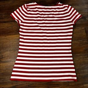 CHAPS petite small Red white striped shirt Y2K stretchy V neck keyhole baby tee